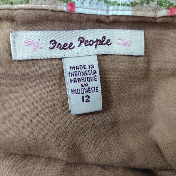 Free People Pleated Plaid Skirt Size 12 Floral Embroidered Cotton Boho Cottageco - Picture 9 of 10
